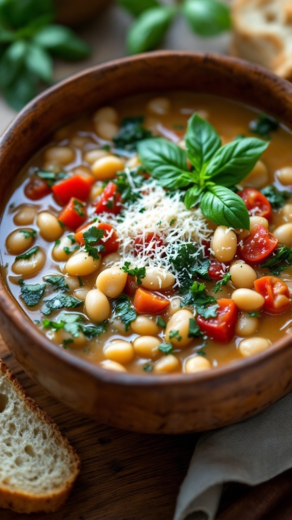 A bowl of hearty Tuscan white bean soup with beans, tomatoes, and greens, garnished with Parmesan cheese and basil on a rustic table with bread.